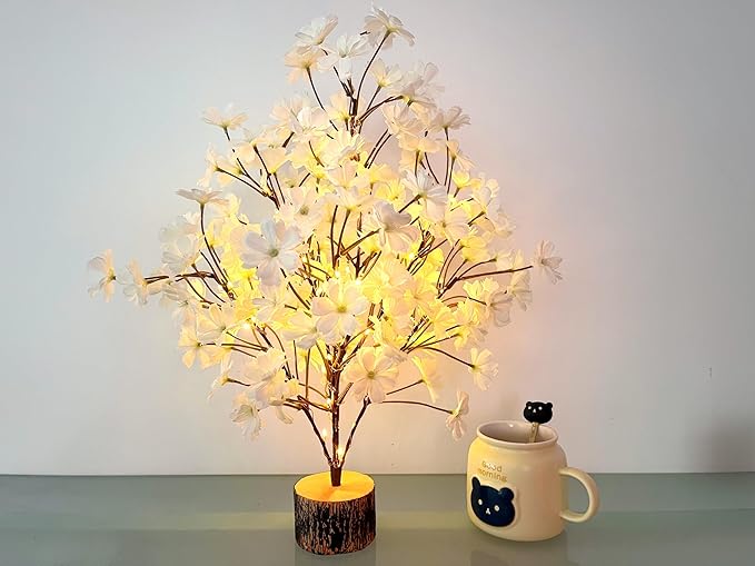19Inch Cherry Blossom Tree Light, Lighted Artificial Tree with White Silk Flowers, Battery Operated Lamp with Timer for Summer Wedding Decorations,49 Fairy LEDs