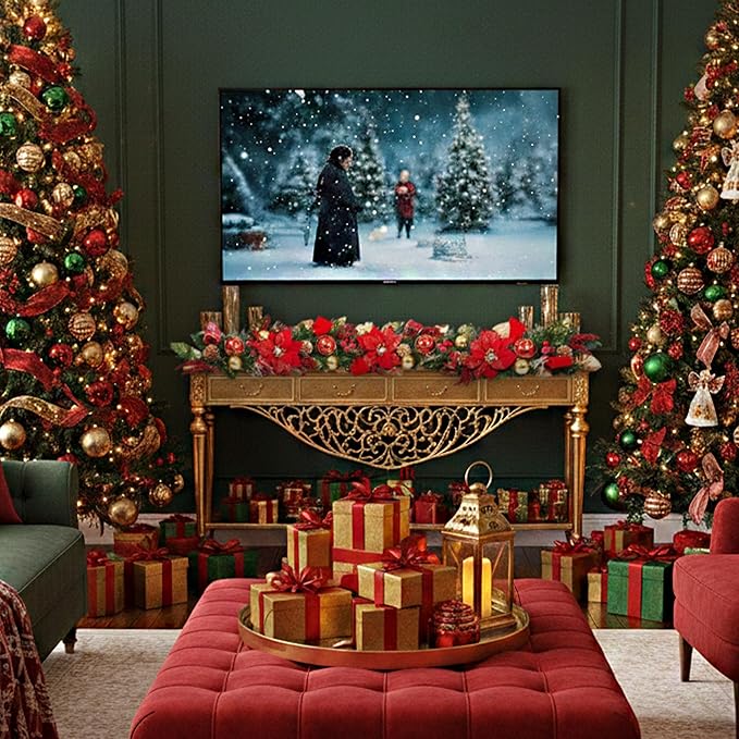 5 ft Christmas Garland for Mantle Unlit Garland for Stairs Railing, Banister, Staircase, Fireplace, for Table No Light, Garland Decor Frosted Red Poinsettia Holiday Tree (Decorated Red Poinsettia)