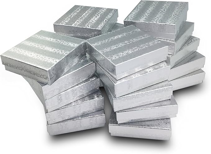 TheDisplayGuys - 25-Pack #53 Kraft Paper Cardboard Gift Boxes/Jewelry Cases w. Cotton Padding & Lid - Silver Foil - (5.4" x 3.9" x 1.0")
