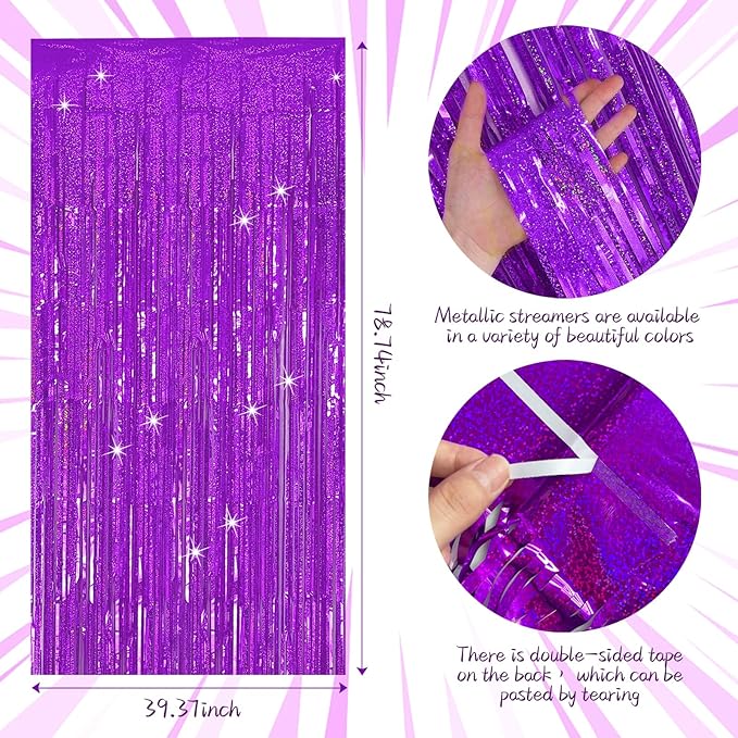 Tinsel Curtain Party Backdrop Purple Birthday Decorations 2 Packs Glitter Foil Fringe Curtain Party Decor Streamers Photo Booth for Birthday Christmas Wedding Halloween Graduation Decorations