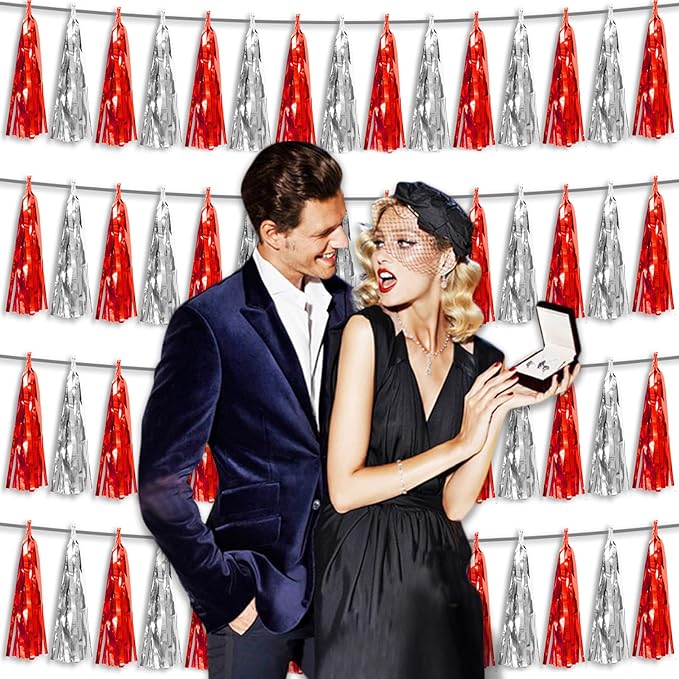 4P Red Silver Foil Fringe Tassel Banner Garland Metallic Tinsel Streamers Wall Hanging Curtain Backdrop Banner for Parade Floats, 2024 Graduation Decorations, Father's Day, Wedding Party Decoration