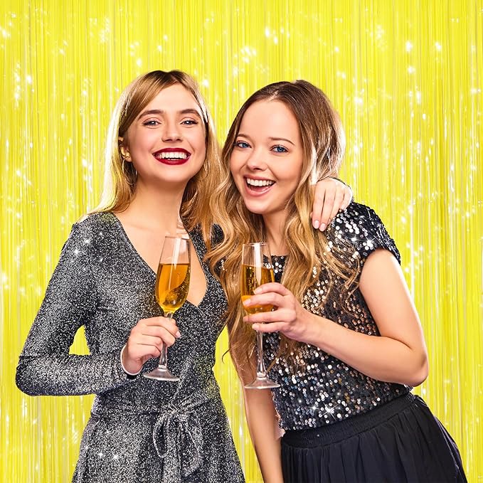 2 Pack Yellow Metallic Tinsel Foil Fringe Curtains, Door Streamers Photo Booth Backdrop for Birthday Party, Tinsel Curtain Backdrop for Baby Shower Bachelorette Christmas Party Decorations