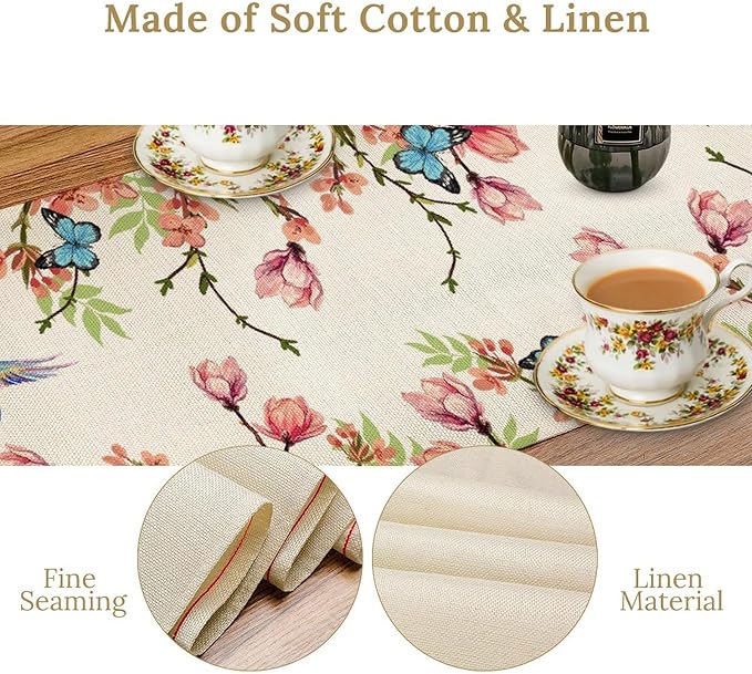 Floral Butterfly Table Runner Seasonal Spring Flower Bird Table Decoration Table Runner for Home Party Decoration 13x90 Inch
