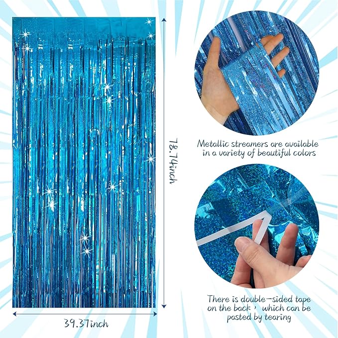 Tinsel Curtain Party Backdrop Blue Birthday Decorations 2 Packs Glitter Foil Fringe Curtain Party Decor Streamers Photo Booth for Birthday Christmas Wedding Halloween Graduation Decorations