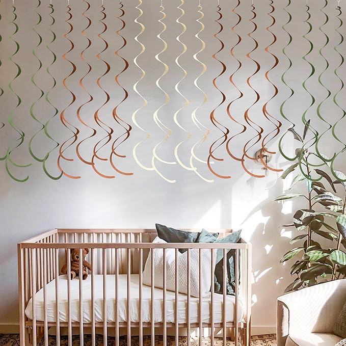 36 Pcs Jungle Hanging Swirl Decorations Sage Green Brown Beige Felt Swirl Streamer Spiral Ceiling Garland for Safari Jungle Woodland Wild One Birthday Neutral Baby Shower Party Decorations Supplies