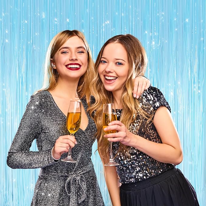 2 Pack Macaron Light Blue Metallic Tinsel Foil Fringe Curtains, Door Streamers Photo Booth Backdrop for Birthday Party, Tinsel Curtain Backdrop for Baby Shower Bachelorette Christmas Party Decorations