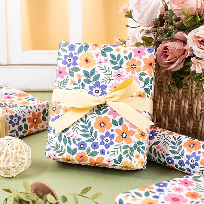 WRAPAHOLIC Kraft Floral Wrapping Paper Roll - Mini Roll - 17 Inch x 16.5 Feet - Ditsy Flower Wrapping Paper, Perfect for Wedding, Birthday, Bridal Shower, Tea Party