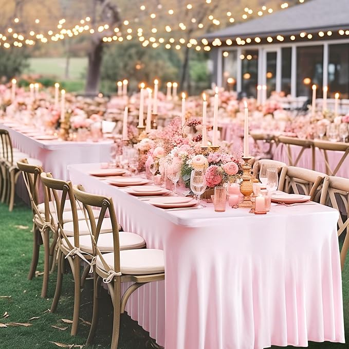 Wish Care 6 Pack Pink Spandex Table Clothes for 8 Foot Rectangle Tables, 8FT Wrinkle Free Fitted Tablecloths Ruffles Design Table Cover for Party, Banquet, Wedding and Events
