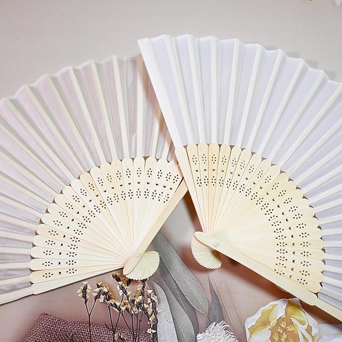 Personalized Folding Hand Fans Engraved Silk Fans, Summer Wedding Fans, Custom Silk-Bamboo Fans Wedding Party Favor Bridal Shower Gifts (30 Pieces), White