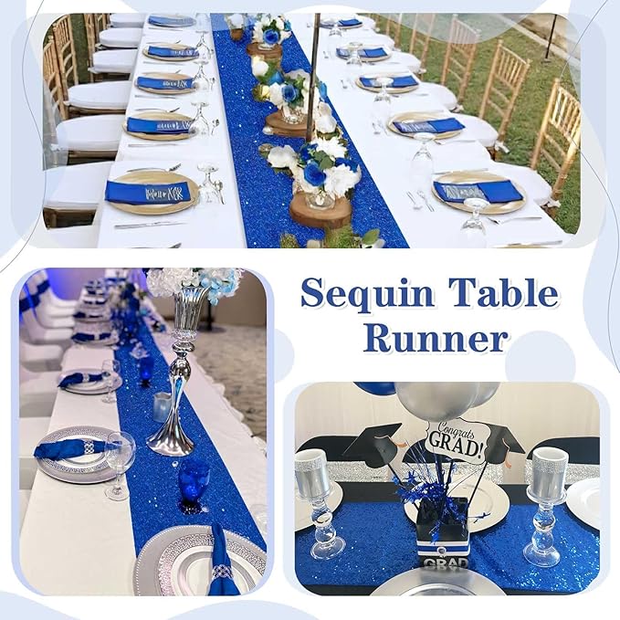 Glitter Sequin Table Runners Royal Blue 10 Pieces 12x108 Inches Sequin Fabric Shimmer Table Runner for Baby Shower Banquet Wedding Table Decorations