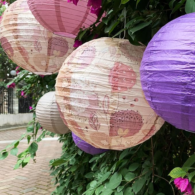 Paper Lanterns Party Decorations Size of 12’10’8inch Floral Pattern Purple Pink Japanese Chinese Lantern Hanging Paper Lantern Bohemian Style Baby Shower Birthday Decorations