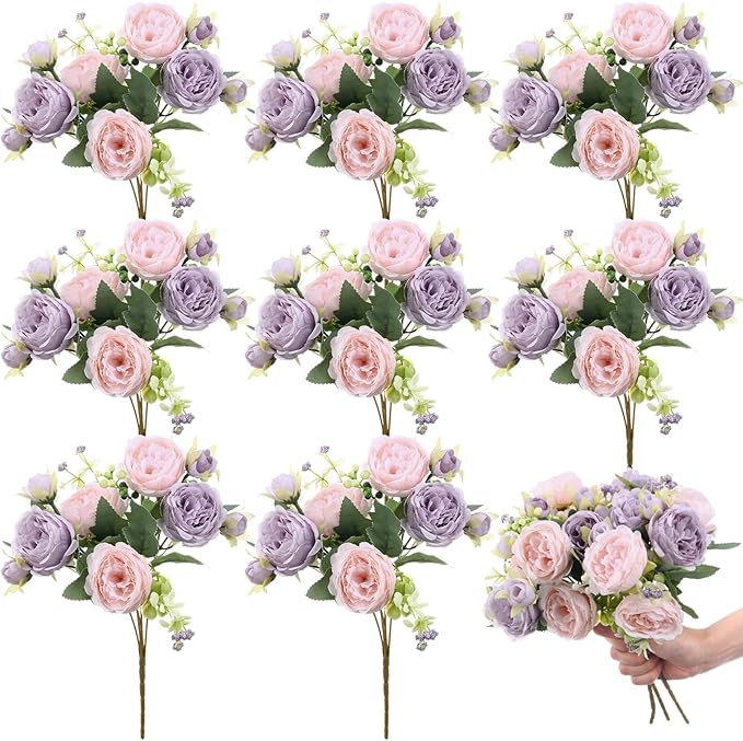8 Bundles Artificial Peonies Flowers Boho Faux Flowers Arrangements Artificial Centerpiece Spring Bouquet Floral Wedding Decoration for Vase(Pink, Purple)