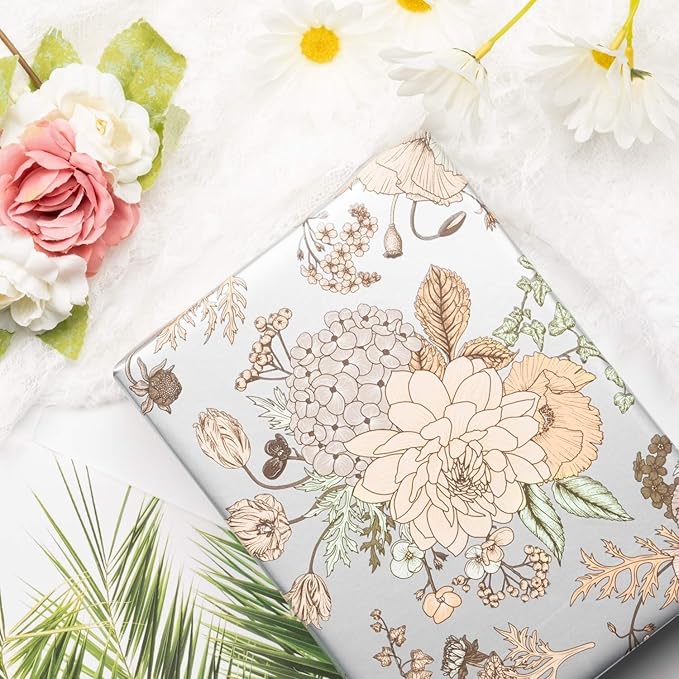 WRAPAHOLIC 30 Inch Jumbo Floral Wrapping Paper - 30 Inch X 33 Feet - Pearlized Silver Vintage Floral Wedding Wrapping Paper for Birthday, Bridal Shower, Baby Shower