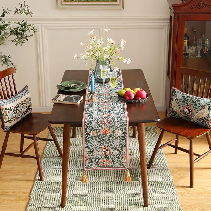 ISAENNE Designer French Green Elegant Linen Table Runner 102 Inches Long,Colorful Flower Pattern Soft Table Runners for Dining Tables,Thanksgiving,Kitchen Tables,Christmas,12"*102"-Naples B