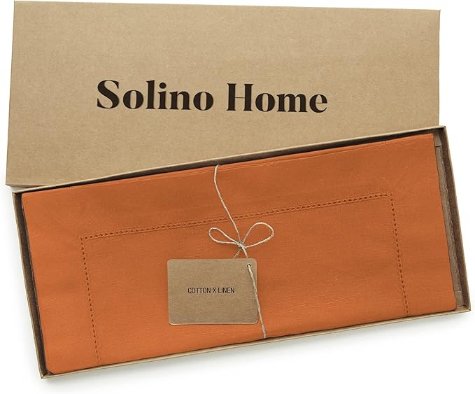 Solino Home Cotton Linen Table Runner 36 Inches - Pumpkin Hemstitch Table Runner 14 x 36 Inch Ideal for Dresser and Coffee Tables - Fall, Autumn, Halloween, Thanksgiving, Holiday