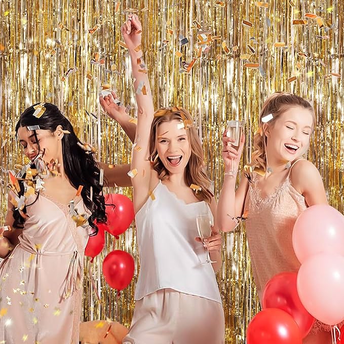 Champagne Gold Metallic Tinsel Foil Fringe Curtains, 2 Pack 3.3x8.3 Feet Party Streamer for Birthday Party Decorations, Halloween Decor, Foil Curtain for Bachelorette Party