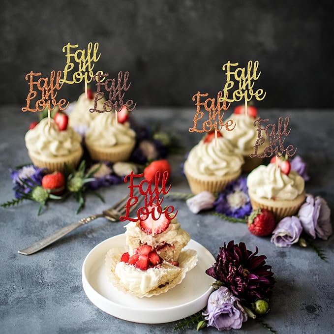 24 PCS Fall in Love Cupcake Toppers Glitter Fall Theme Bridal Shower Cupcake Picks for Autumn Wedding Engagement Anniversary Birthday Party Cake Decorations Supplies Colorful