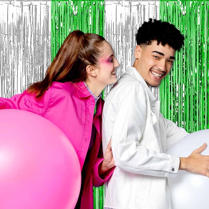 6 Pack Silver Green Foil Fringe Curtains Backdrop, 3.28 x 8.2 Ft Metallic Streamers Tinsel Curtains Background for Photo Booth, Birthday, Weddings, Carnivals, Graduation, Themed Party Decorations