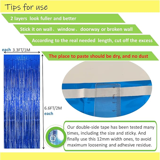 Blue Foil Fringe Backdrop Curtains,2 Pack Tinsel Streamers Birthday Party Decorations,blue Fringe Backdrop for ocean themed Birthday,Graduation,Astronaut,Gender Reveal,Boss Baby,Father's Day,3.3x6.6ft