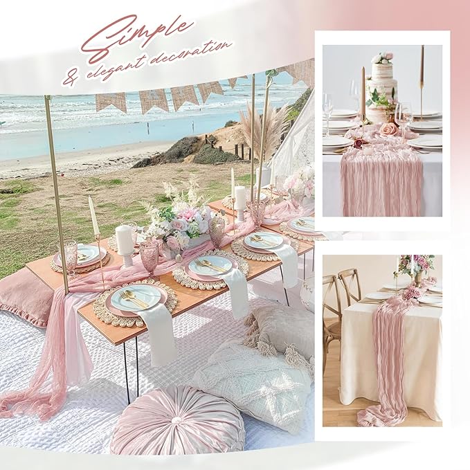Aktor 4 Pack Dusty Pink Table Runner Boho Cheesecloth Table Runner Semi Sheer Gauze Fabric Runners for Wedding Birthday Baby Shower Party Boho Table Decoration(Dusty Pink)