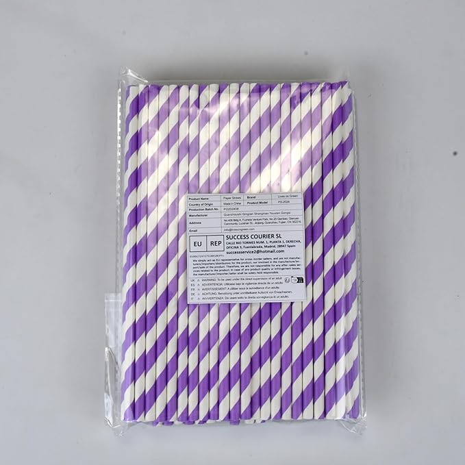 Disposable Purple Striped Party Paper Drinking Straws 100 Counts 7.75'' x 0.24'', Unwrapped, for Cocktail, Coffee, Water