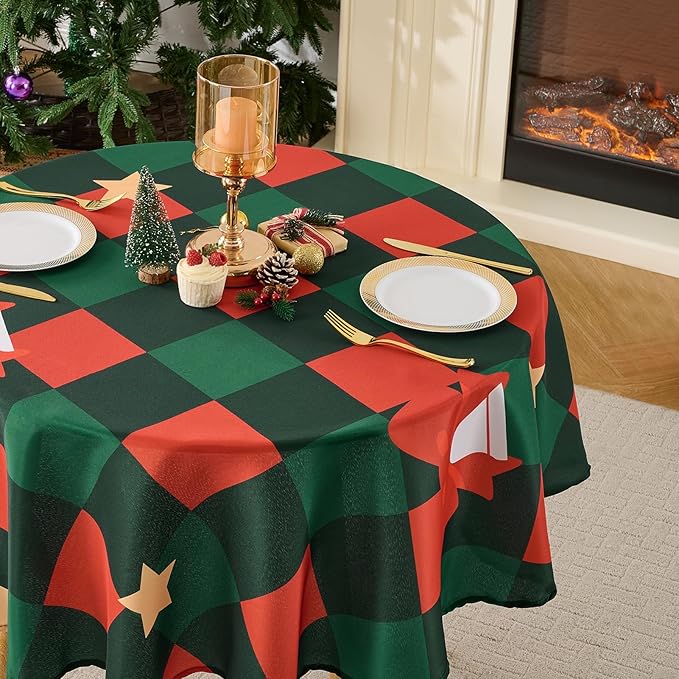 Christmas Tablecloth Round 60 Inch Waterproof, Machine Washable Checkered Polyester Table Cover for Xmas Party, Winter Holiday Home Decoration in Festive Checkered Star 1pack