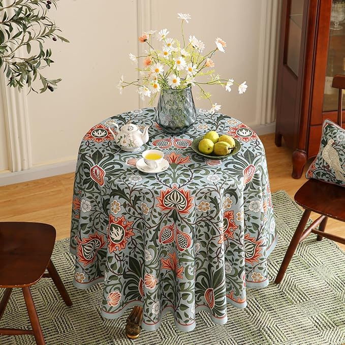 ISAENNE Designer Bohemian Linen Green Small Round Tablecloth,Floral Indoor Table Cloth,Stain Resistant Decor Tablecloths for Dining Thanksgiving Kitchen Party Christmas,Diameter 55"-Naples