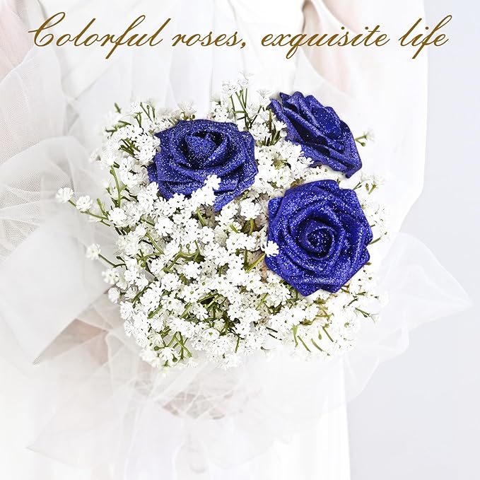 BLEUM CADE 36Pcs Artificial Flowers Fake Roses with Stems, Blue Glitter Boxed Foam Roses for DIY Bouquets Centerpieces Wedding Party Arrangement Bridal Shower Decor