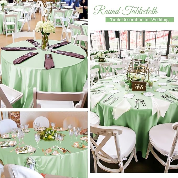 fani 12 Pack 120 Inch Sage Green Satin Tablecloth - Silky Round Tablecloth Overlay Smooth Fabric Table Cover, Bright Table Decoration for Wedding Party Banquet Events Restaurant Kitchen Dining