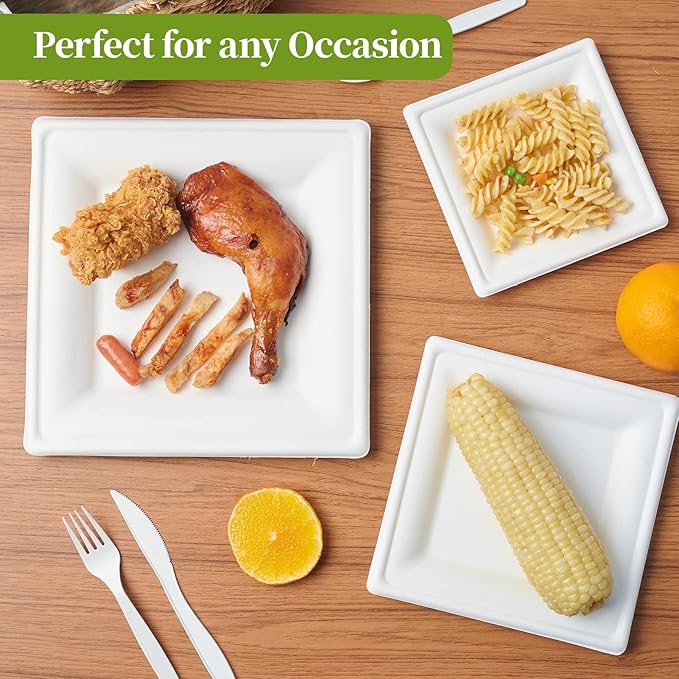ECOLipak 150 Pieces Compostable Square Paper Plates, 10 inch Heavy Duty Disposable Plates, Eco-friendly Biodegradable Sugarcane Bagasse Plates for Party Dinner Birthday