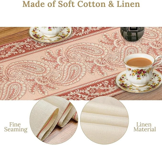 Pink Paisley Table Runner, Abstract Vintage Boho Paisley Flowers Leaves Print Table Runner for Home Kitchen Dining Room Wedding Party Decor, 13x36inch