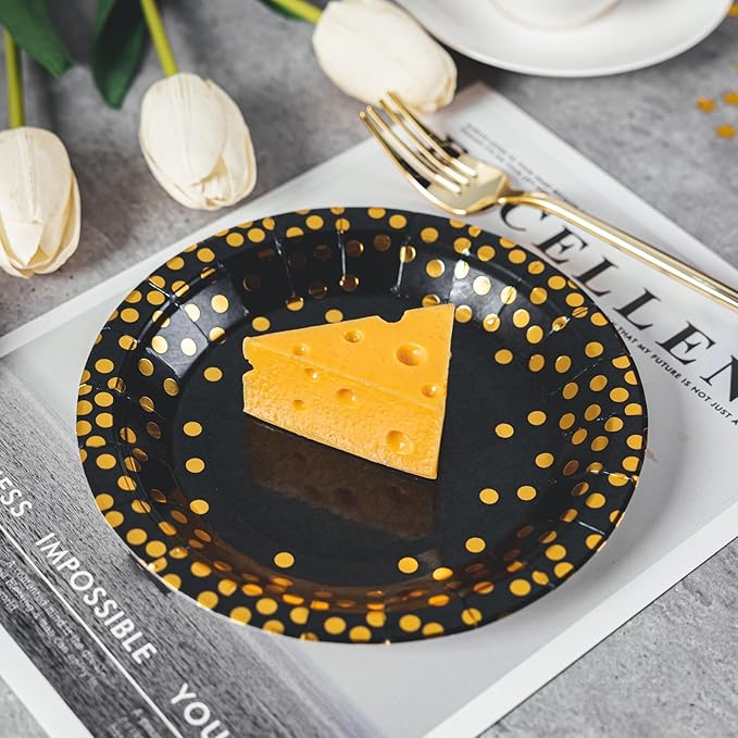 Lullaby 200PCS Black Paper Plates, Black and Gold Paper Plate, 100pcs Dinner Plates 9",100pcs Dessert Plates 7", Disposable Graduation Plates with Golden Dot for Birthday party, Halloween
