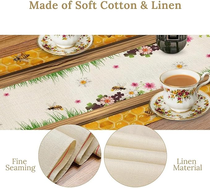 Watercolor Honeycomb Table Runner, Farmhouse Spring Summer Autumn Fall Floral Daisy Bee Print Kitchen Dining Table Decoration for Home Party Decor, 13x60inch