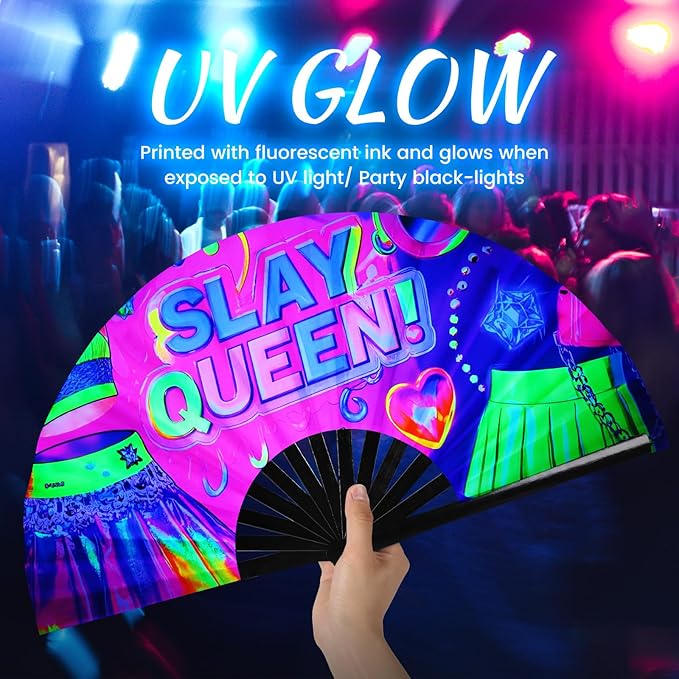 SYNTECSO Folding Hand Fan for Rave, Popping Fan for Line Dancing, Drag Queen, Women and Men Gift,Chinese Japanese UV Glow Clack Fan for Parties, Music Festivals, EDM and Decoration