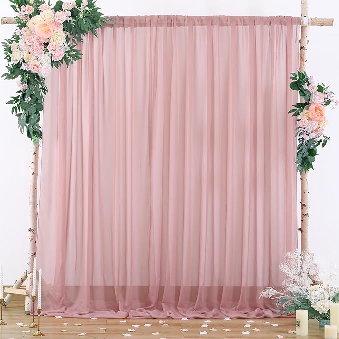 PARTISKY 10x7ft Dusty Rose Chiffon Backdrop Curtains, Wrinkle-Free Sheer Fabric Photo Drapes for Wedding Ceremony Arch Birthday Baby Shower Photography Stage Decor 5X 7ft, 2 Panel