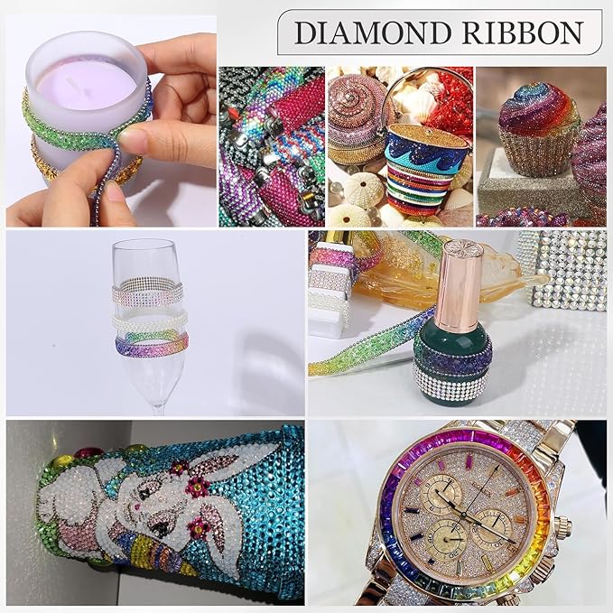 Rhinestone Ribbon 3 Yards Self Adhesive Rhinestone Strips Diamond Ribbon Sticker Crystal Roll Glitter Bling Rhinestones Tape for Crafting DIY Art Decoration (Rainbow,0.4 Inch)