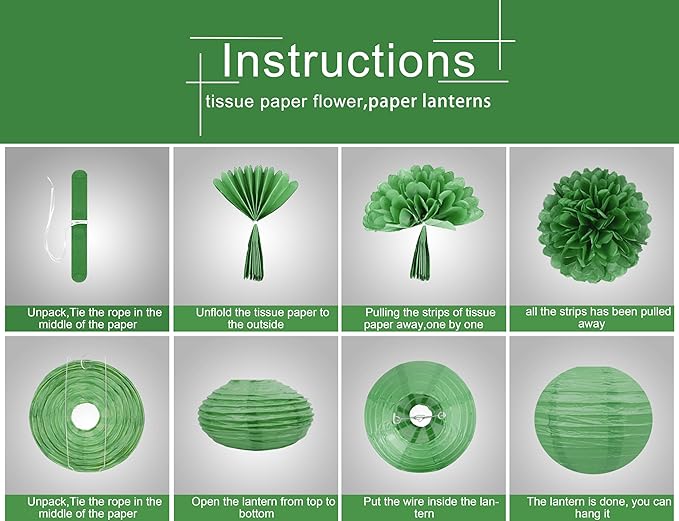White Green Party Decoration - 15Pcs Tissue Pom Poms Paper Flowers Paper Lanterns Dinosaur Theme Birthday Baby Shower Forest Party Hanging Decor HongTongTong