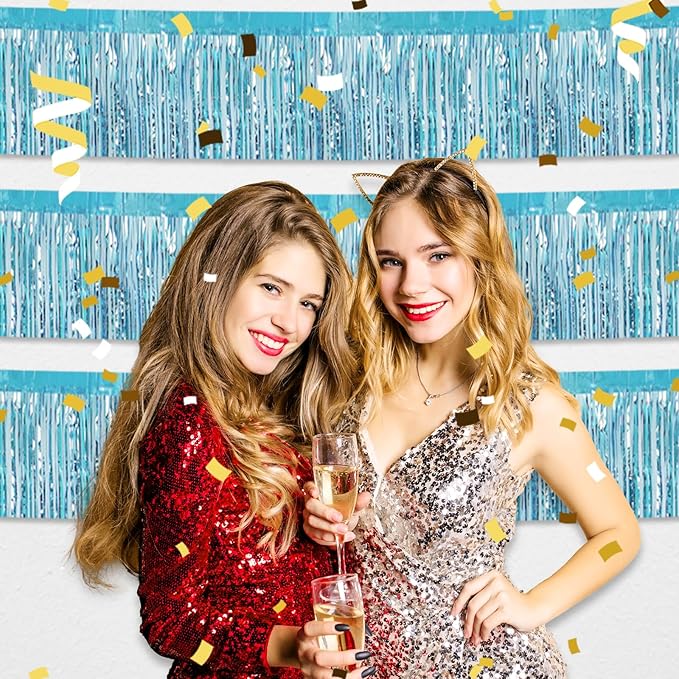 4 Pack 10 Feet Light Blue Foil Fringe Garland Metallic Tinsel Streamers Banner Wall Hanging Curtain Backdrop for Parade Floats, Wedding, Graduate, Mother's Day, Birthday Party Decoration