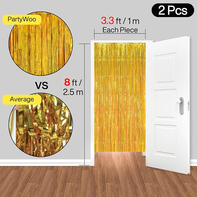 PartyWoo XtraLarge Foil Curtain Gold, 2 pcs 3.3x6.6 ft Tinsel Curtains for Birthday Wedding Party Photo Backdrop