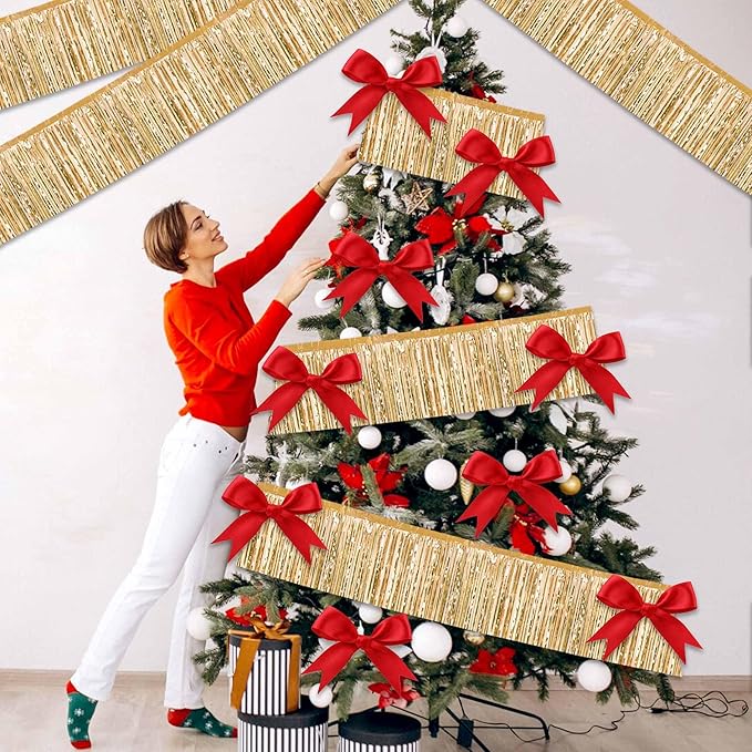 6 Pack 10 Ft Champagne Gold Foil Fringe Garland Metallic Streamers Tinsel Banner Wall Hanging Garland Backdrop for Parade Floats, Halloween, Christmas, Thanksgiving, New Year Party Decorations
