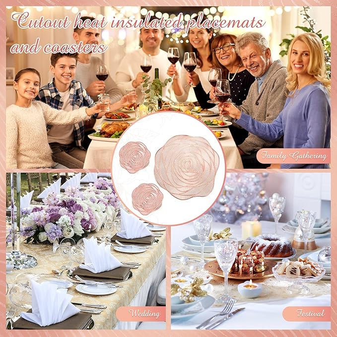 Sieral 48 Set 15 Inch Round Pressed Vinyl Placemats Hollow Out Rose Placemat Set Metallic Slip Resistant Place Mat Coaster Including Place Mats and Coasters for Wedding Dining Kitchen (Rose Gold)