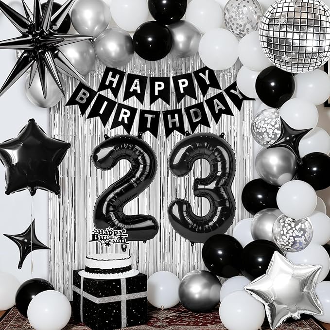 23rd Birthday Decorations for Men Women, Black Silver Happy Birthday Party Decorations, 23 Year Old Party Supplies with Number 23 Balloons, Banner, Fringe Curtains Kit