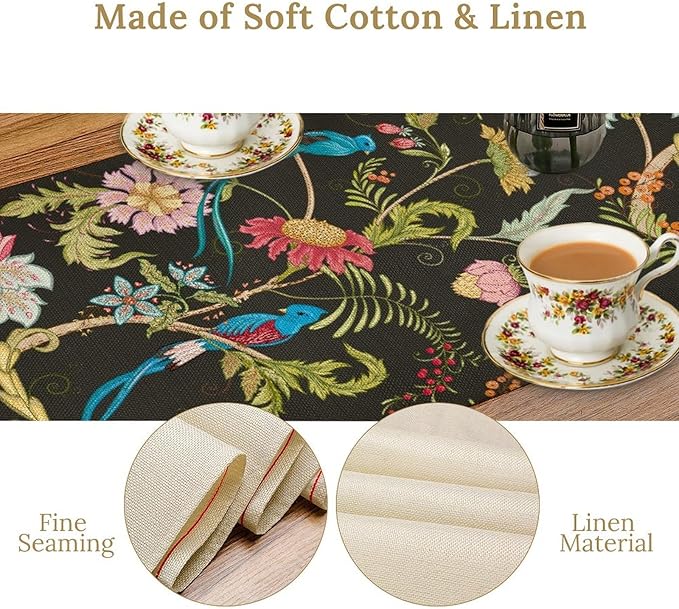 Floral Butterfly Table Runner Seasonal Spring Flower Bird Table Decoration Table Runner for Home Party Decoration 13x60 Inch