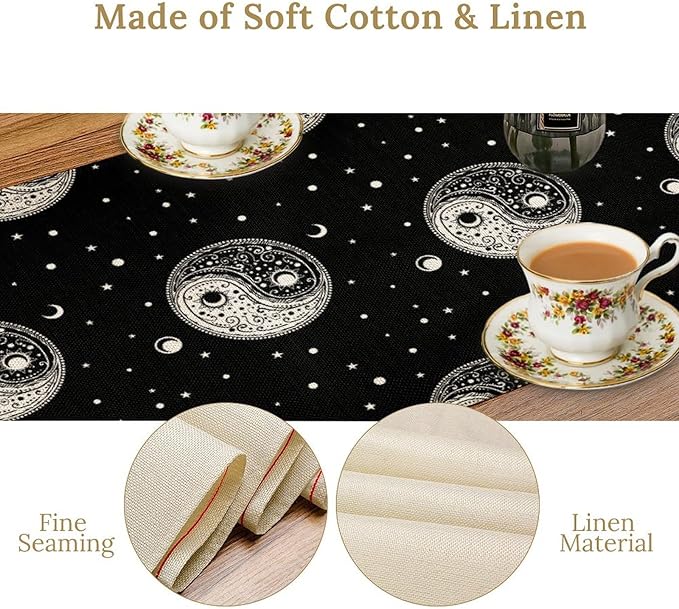 Mystical Celestial Table Runner, Vintage Bohemian Black Yin Yang Symbol Moon Stars Print Table Runner for Office Kitchen Dining Wedding Party Home Coffee Table, 13x108inch