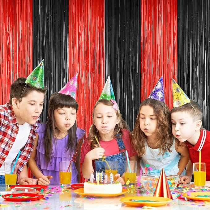 2Pack Black Red Backdrop Curtains Party Decor, Door Streamers Photo Booth Backdrop Metallic Party Streamer Tinsel Foil Fringe Curtains Backdrop Halloween Baby Shower Bachelorette Xmas Party Decors