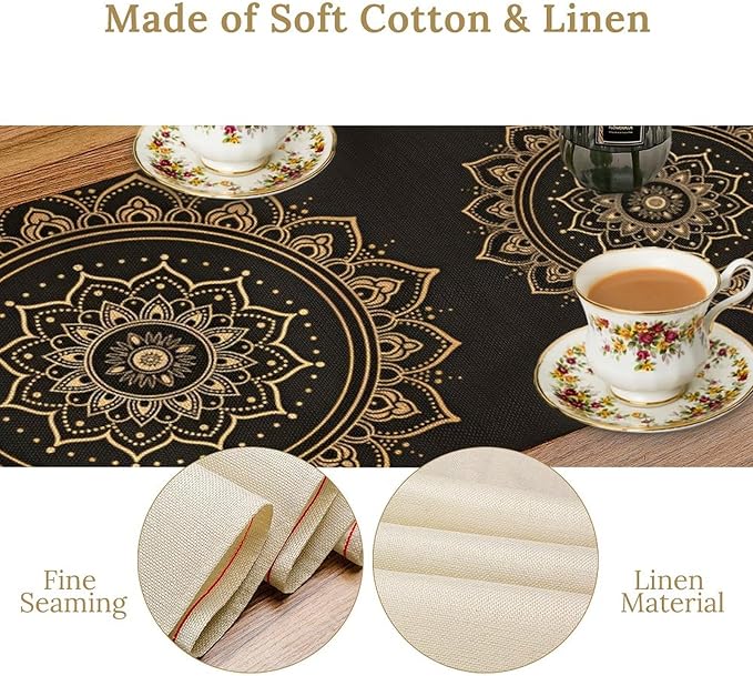 Golden Mandala Table Runner, Traditional Indian Gold Black Flower Vintage Luxury Bohemian Mandala Table Runner for Home Kitchen Dinning Table Indoor Outdoor Holiday, 13x70inch