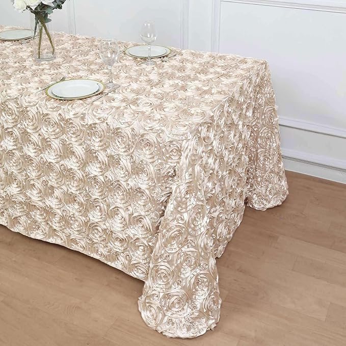 Efavormart 90"X132" Beige Grandiose 3D Rosette Satin Rectangle Tablecloth for Wedding Party Event