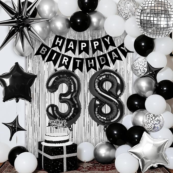 38th Birthday Decorations for Men Women, Black Silver Happy Birthday Party Decorations, 38 Year Old Party Supplies with Number 38 Balloons, Banner, Fringe Curtains Kit