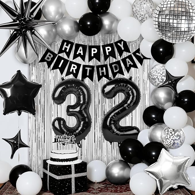 32nd Birthday Decorations for Men Women, Black Silver Happy Birthday Party Decorations, 32 Year Old Party Supplies with Number 32 Balloons, Banner, Fringe Curtains Kit