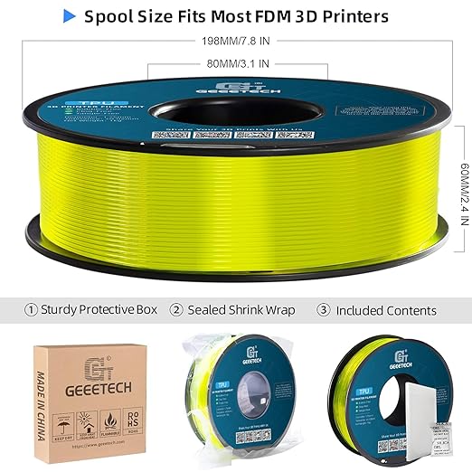 Geeetech TPU Filament 1.75mm, Shore 95A Flexible 3D Printer Filament with High Elasticity, 1KG (2.2lbs) Spool, Dimensional Accuracy ±0.03mm, Fits Most FDM Printers (Cleal Yellow)